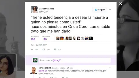 Respuesta Carlos Alsina a tuit de Cassandra Vera Respuesta Carlos Alsina a tuit de Cassandra Vera