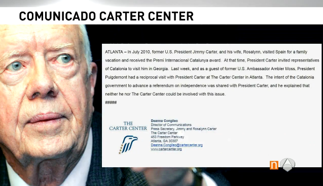 Jimmy Carter dijo a Puigdemont que no se involucraría en el referéndum que planean los independentistas Jimmy Carter dijo a Puigdemont que no se involucraría en el referéndum que planean los independentistas