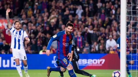 Leo Messi celebra un gol ante la Real Sociedad