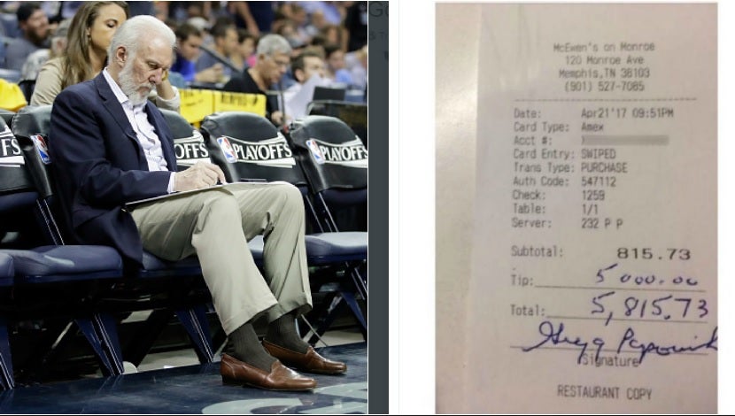 Popovich, técnico de los Spurs, dejó una propina de ¡5.000! dólares en un restaurante de Memphis Popovich, técnico de los Spurs, dejó una propina de ¡5.000! dólares en un restaurante de Memphis