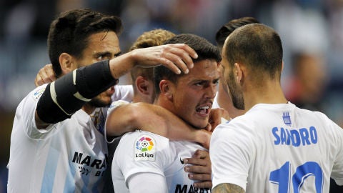 El M&aacute;laga celebra un gol