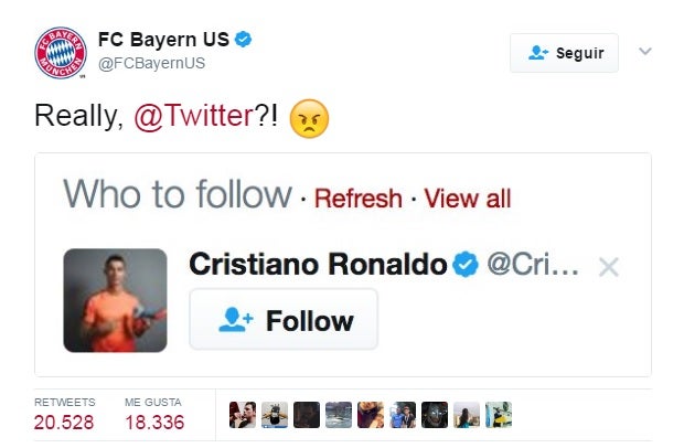 El Bayern se enfada con Twitter después de ¡sugerirle seguir a Cristiano Ronaldo! El Bayern se enfada con Twitter después de ¡sugerirle seguir a Cristiano Ronaldo!