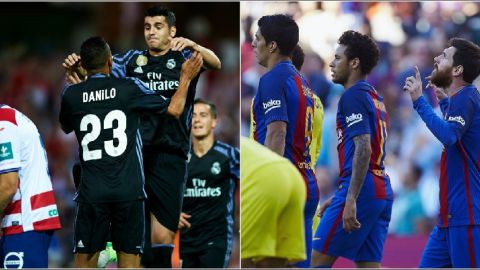 Los jugadores de Real Madrid y Barcelona celebran un gol