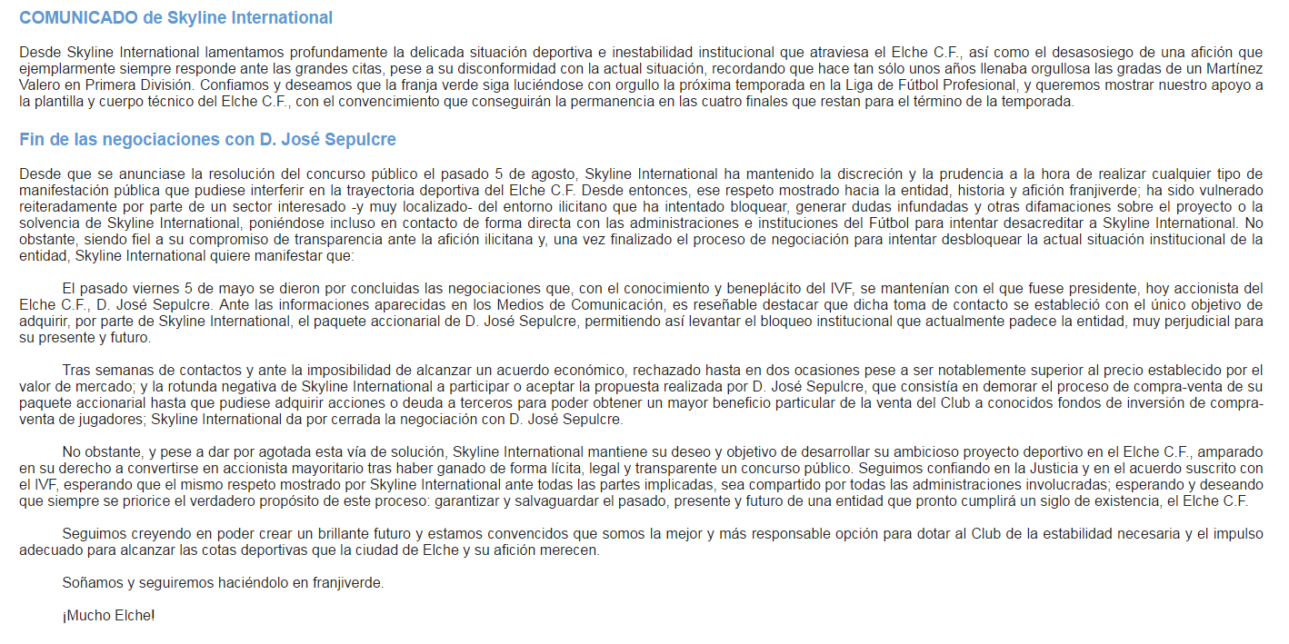 Skyline da por finalizadas las negociaciones con Sepulcre para entrar al Elche Skyline da por finalizadas las negociaciones con Sepulcre para entrar al Elche