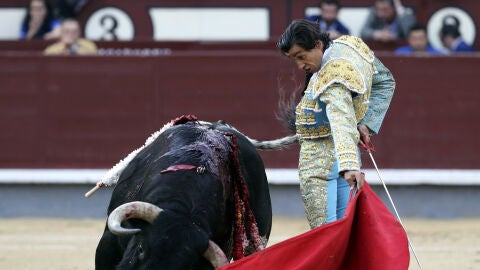 El diestro Curro D&iacute;az en la lidia de su segundo toro, durante el quinto festejo en la Feria de San Isidro