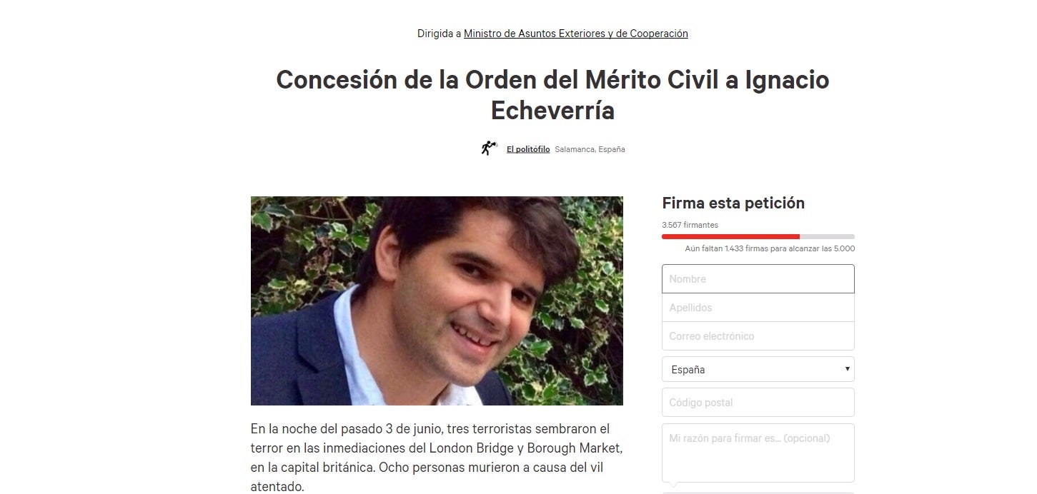 Recogen firmas para para que el Gobierno conceda a Ignacio Echeverría la Orden del Mérito Civil Recogen firmas para para que el Gobierno conceda a Ignacio Echeverría la Orden del Mérito Civil