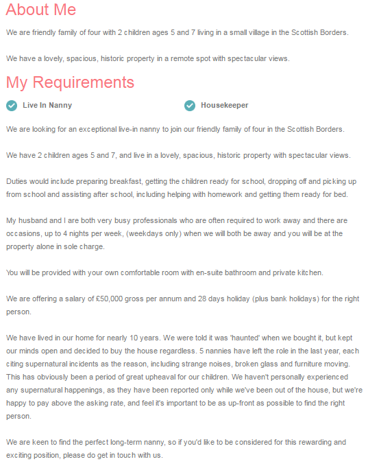 Una familia ofrece más de 50.000 euros a la niñera que se atreva a trabajar en su 'casa embrujada' Una familia ofrece más de 50.000 euros a la niñera que se atreva a trabajar en su 'casa embrujada'