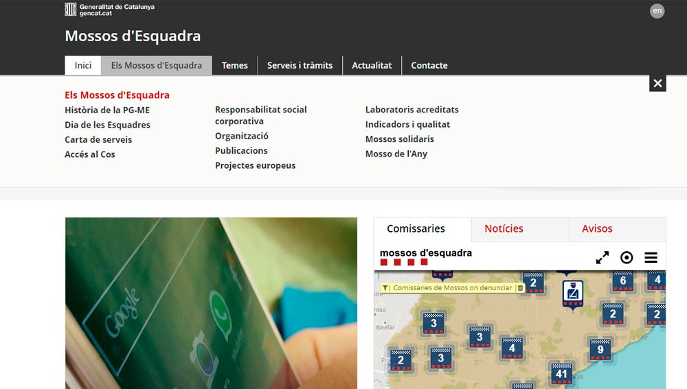El español desaparece de la página web de los Mossos de Escuadra El español desaparece de la página web de los Mossos de Escuadra