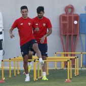 Jesús Navas completa su primer entrenamiento con el Sevilla.