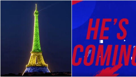 La Torre Eiffel, te&ntilde;ida con los colores de Brasil
