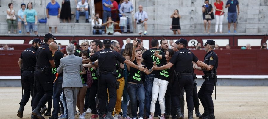Un grupo de antitaurinos saltan al ruedo antes de la final del certamen de Novilladas Nocturnas Un grupo de antitaurinos saltan al ruedo antes de la final del certamen de Novilladas Nocturnas