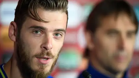 De Gea, durante la comparecencia de prensa junto a Lopetegui De Gea, durante la comparecencia de prensa junto a Lopetegui