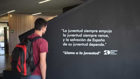 Fragmento de uno de los poemas del poeta Miguel Hern&aacute;ndez en la pared de un edificio de la UMH