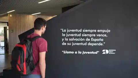 Fragmento de uno de los poemas del poeta Miguel Hernández en la pared de un edificio de la UMH Fragmento de uno de los poemas del poeta Miguel Hernández en la pared de un edificio de la UMH