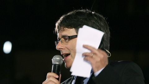 El presidente de la Generalitat, Carles Puigdemont, durante su intervenci&oacute;n en el Tarraco Arena