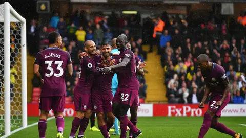 Los jugadores del Manchester City celebran un gol Los jugadores del Manchester City celebran un gol