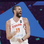Marc Gasol celebra la victoria de la selección española de baloncesto Marc Gasol celebra la victoria de la selección española de baloncesto