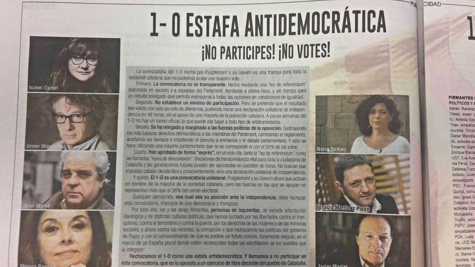 Casi un millar de intelectuales y artistas "de izquierdas" firman un manifiesto contra el referéndum catalán Casi un millar de intelectuales y artistas "de izquierdas" firman un manifiesto contra el referéndum catalán