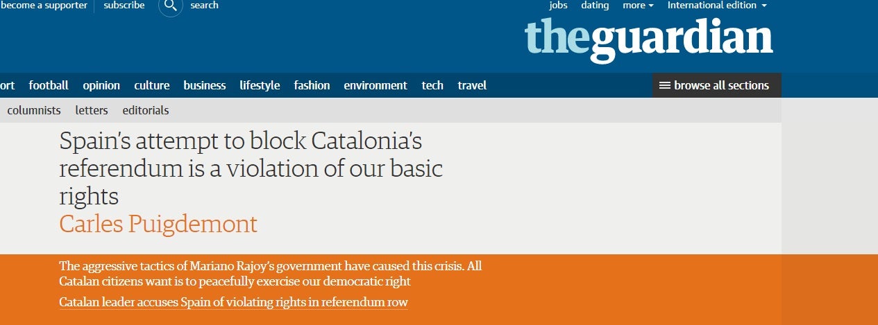 Puigdemont pide ayuda internacional a través de un artículo en 'The Guardian' Puigdemont pide ayuda internacional a través de un artículo en 'The Guardian'