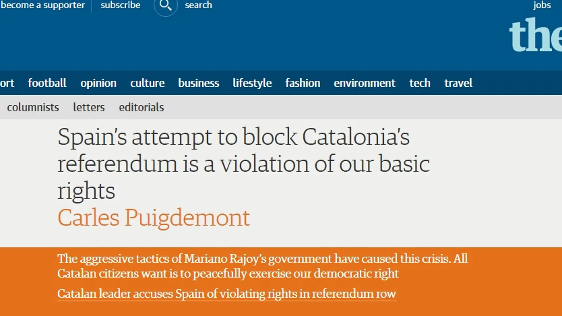 Artículo de Puigdemont en 'The Guardian'