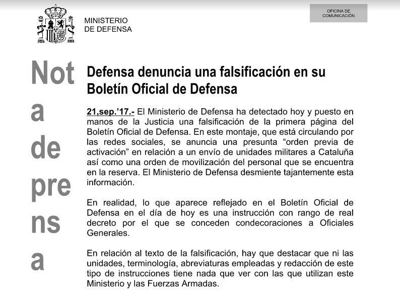 Defensa denuncia ante los tribunales la difusión en redes sociales de un falso envío de militares a Cataluña Defensa denuncia ante los tribunales la difusión en redes sociales de un falso envío de militares a Cataluña