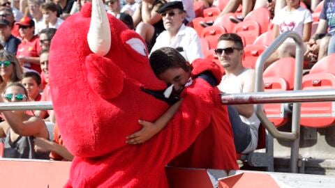 Un ni&ntilde;o se abraza a la mascota del Mallorca