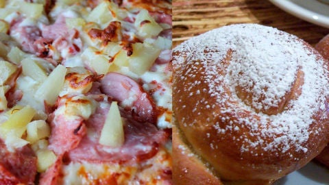 Pizza con pi&ntilde;a y una ensaimada