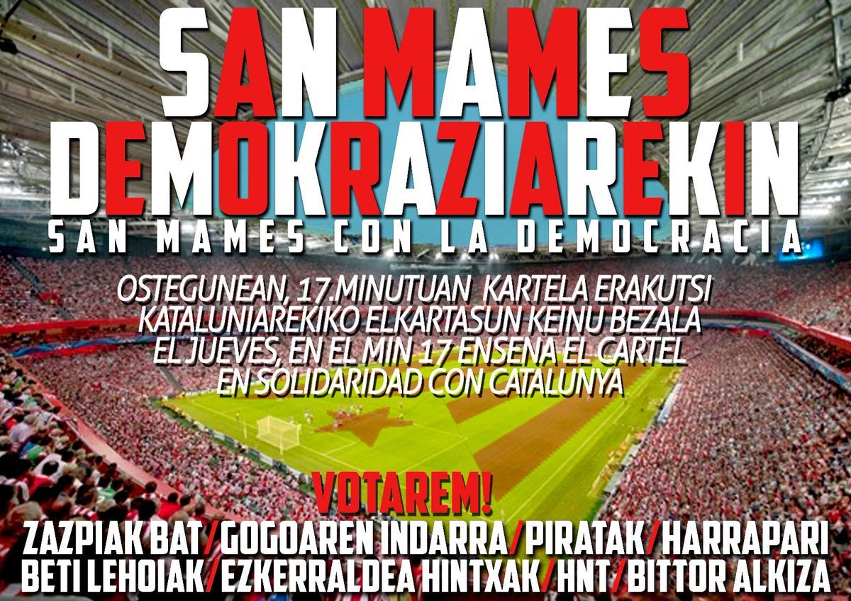 Papeletas en el Athletic - Zorya para apoyar el 1-O: "San Mamés, con Cataluña y la libertad" Papeletas en el Athletic - Zorya para apoyar el 1-O: "San Mamés, con Cataluña y la libertad"