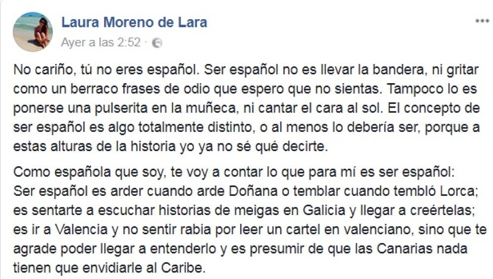 Carta viral 'No cariño, tú no eres español' que se ha viralizado en Facebook