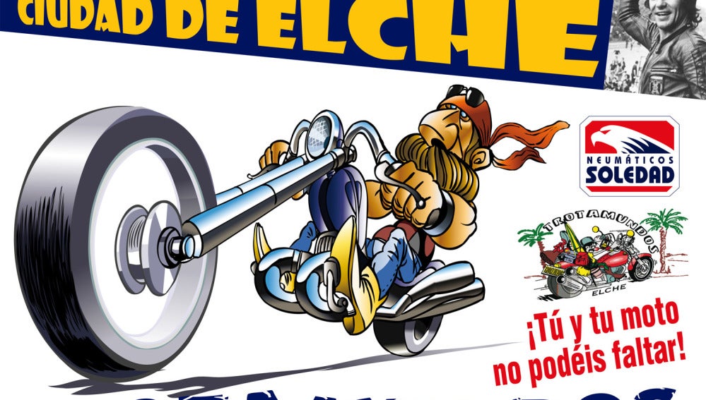 Cartel anunciador del Motoalmuerzo organizado por Trotamundos y patrocinado por Neumáticos Soledad.