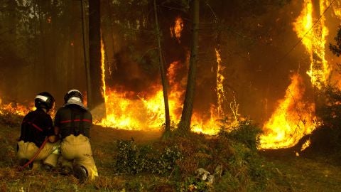 Operarios del sevicio de extinci&oacute;n de incendios trabajan en la zona de Zamanes, Vigo