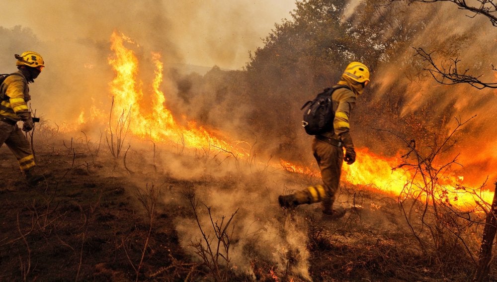 Un operario de los servicios de extinción trabaja junto a las llamas que avanzan en la localidad de Constante, Lugo