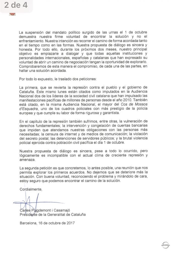 Puigdemont envía una carta a la Moncloa negándose a responder si declaró la independencia Puigdemont envía una carta a la Moncloa negándose a responder si declaró la independencia