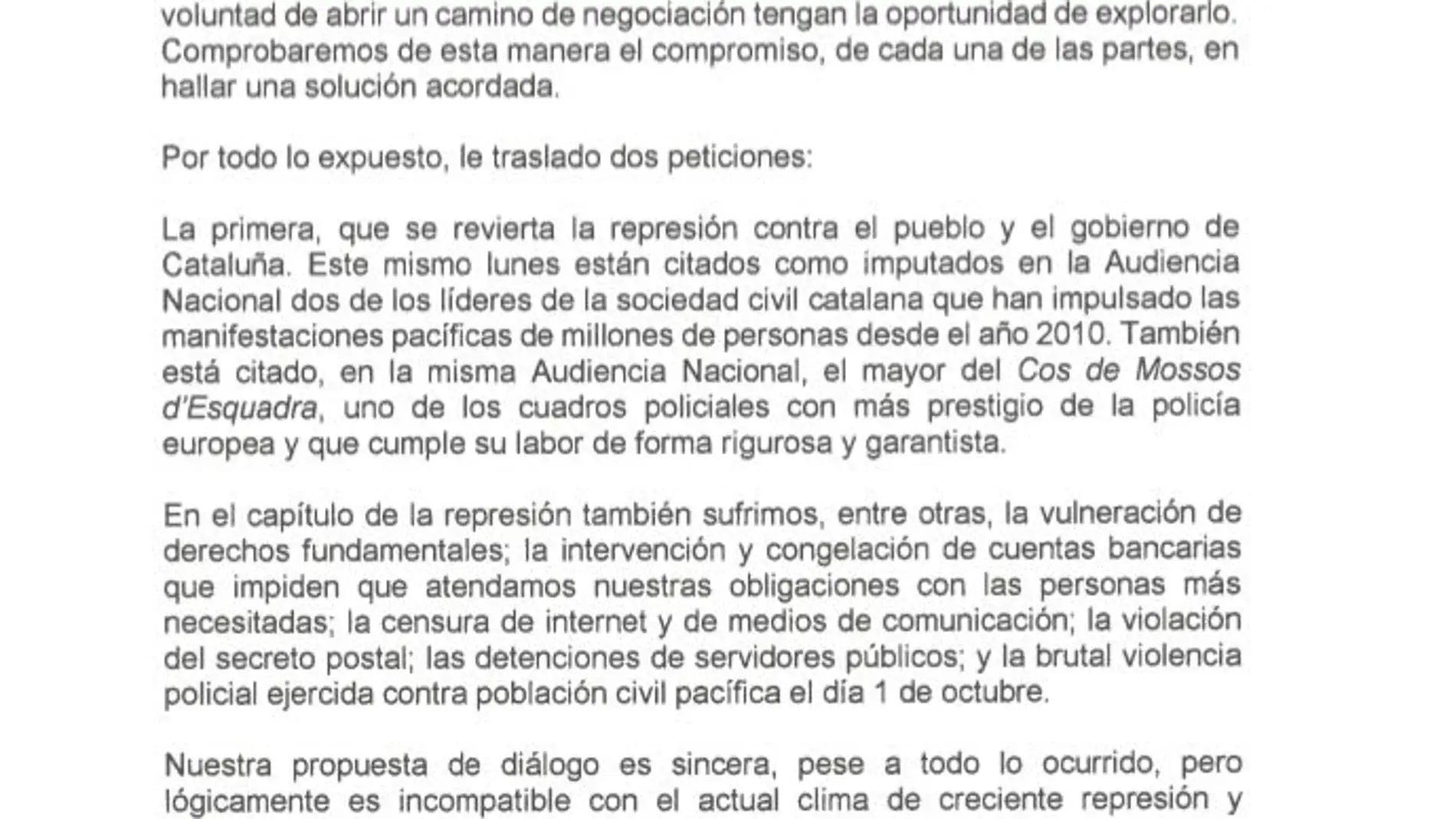 La carta de Carles Puigdemont