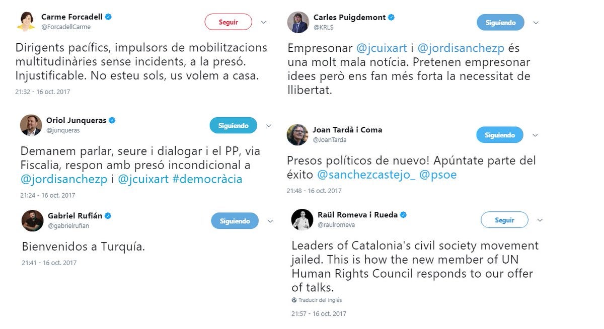 Independentistas, PSC y En Comú Podem reaccionan contra el encarcelamiento de los líderes de ANC y Ómnium Independentistas, PSC y En Comú Podem reaccionan contra el encarcelamiento de los líderes de ANC y Ómnium