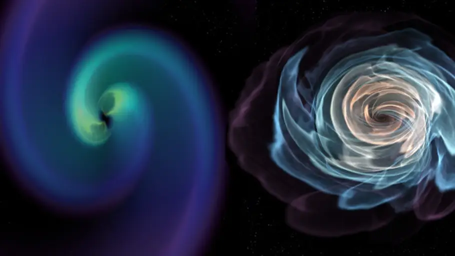 Esta imagen de una visualización animada muestra la fusión de dos estrellas de neutrones en órbita. A la derecha, una visualización de la materia de las estrellas de neutrones. A la izquierda se muestra cómo se distorsiona el espacio-tiempo cerca de las colisiones Esta imagen de una visualización animada muestra la fusión de dos estrellas de neutrones en órbita. A la derecha, una visualización de la materia de las estrellas de neutrones. A la izquierda se muestra cómo se distorsiona el espacio-tiempo cerca de las colisiones