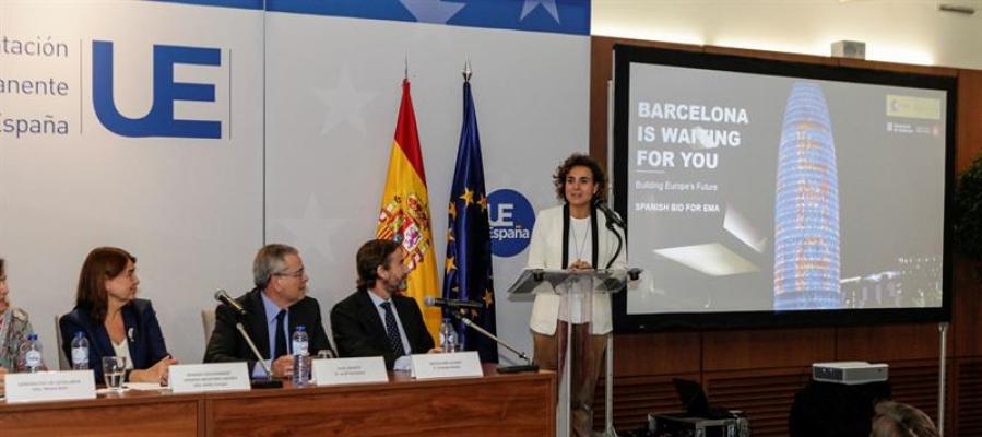 Dolors Montserrat, en la presentación de la candidatura de Barcelona para albergar la sede de la EMA Dolors Montserrat, en la presentación de la candidatura de Barcelona para albergar la sede de la EMA