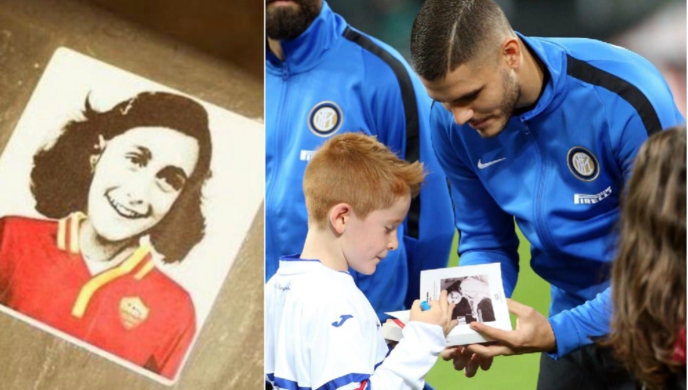 Pegatina de Ana Frank con la camiseta de la Roma (izq) y Mauro Icardi, del Inter, con el 'Diario de Ana Frank' (der)