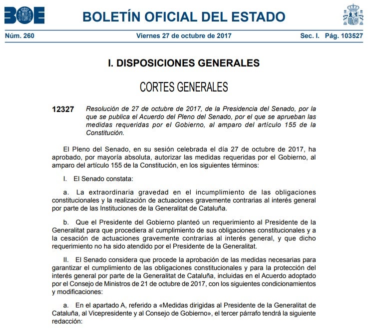 El BOE publica el aval del Senado para que el Gobierno aplique el 155 El BOE publica el aval del Senado para que el Gobierno aplique el 155