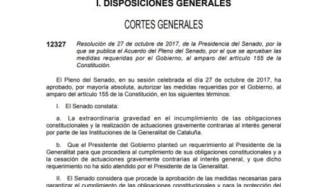 El BOE publica el aval del Senado para que el Gobierno aplique el 155