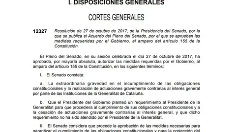 El BOE publica el aval del Senado para que el Gobierno aplique el 155 El BOE publica el aval del Senado para que el Gobierno aplique el 155