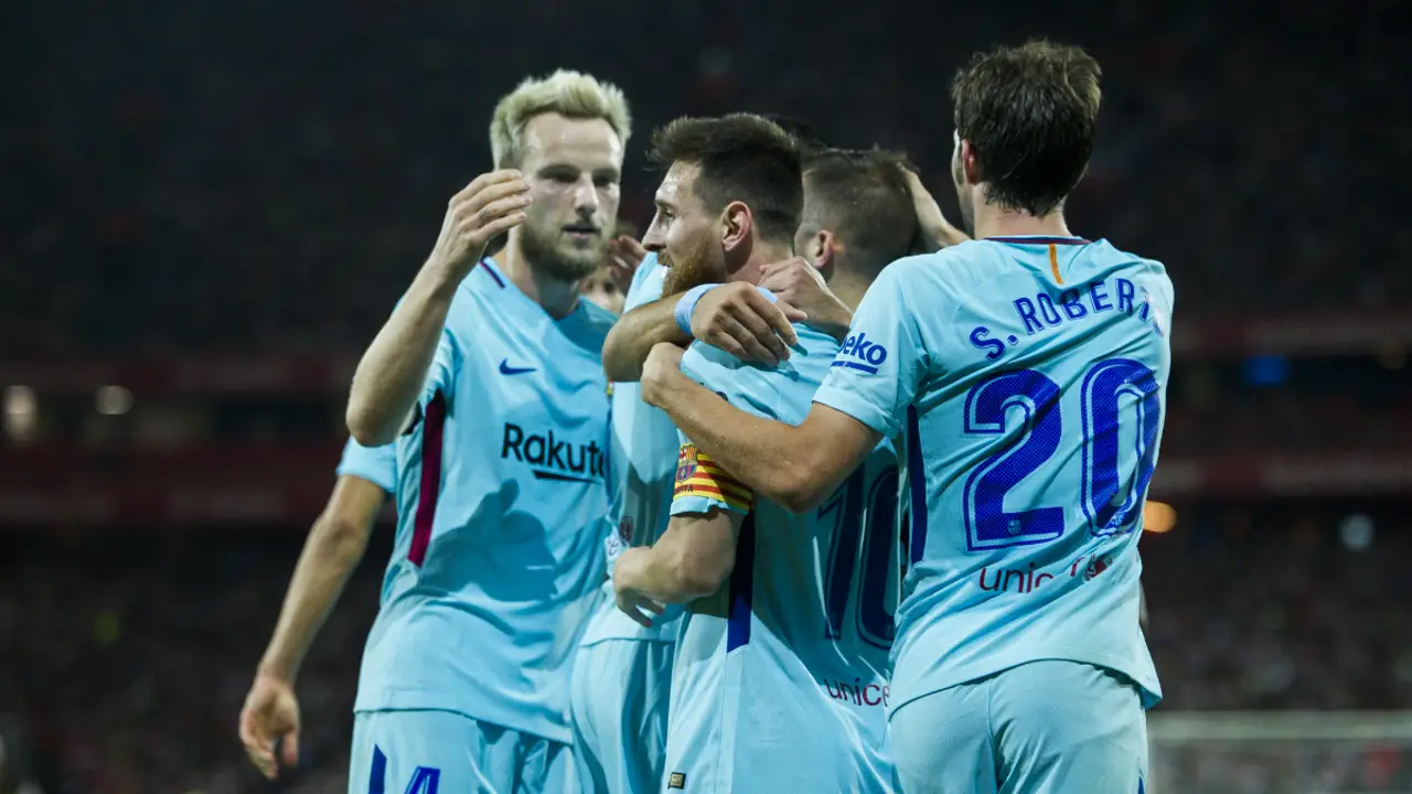 El Barcelona celebra un gol de Messi El Barcelona celebra un gol de Messi