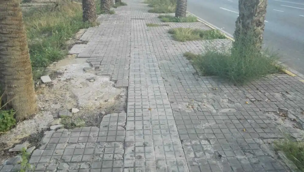 Estado en el que se encuentra la acera de la calle l'Avet de las inmediaciones del Hospital General Universitario de Elche Estado en el que se encuentra la acera de la calle l'Avet de las inmediaciones del Hospital General Universitario de Elche