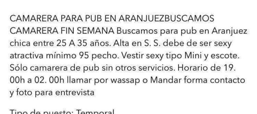 Anuncio de un pub de Aranjuez que busca "camarera sexy con talla 95 de pecho" Anuncio de un pub de Aranjuez que busca "camarera sexy con talla 95 de pecho"