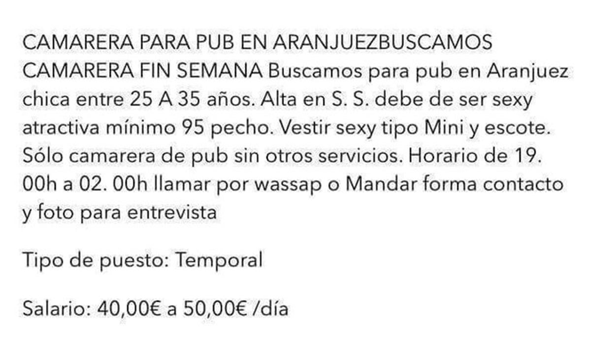 Retiran de un portal de empleo el anuncio de un pub que buscaba "camarera sexy y mínimo talla 95 de pecho" Retiran de un portal de empleo el anuncio de un pub que buscaba "camarera sexy y mínimo talla 95 de pecho"