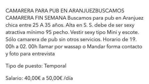 Anuncio de un pub de Aranjuez que busca "camarera sexy con talla 95 de pecho"