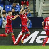Los jugadores del Numancia celebran su gol en La Rosaleda Los jugadores del Numancia celebran su gol en La Rosaleda