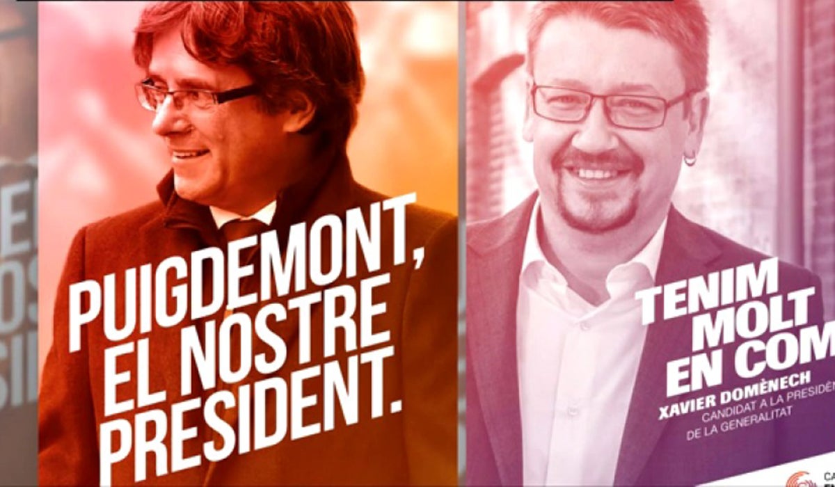 Iglesias y Domènech acusan a Junts per Catalunya de plagiar sus carteles de campaña para el 21D Iglesias y Domènech acusan a Junts per Catalunya de plagiar sus carteles de campaña para el 21D