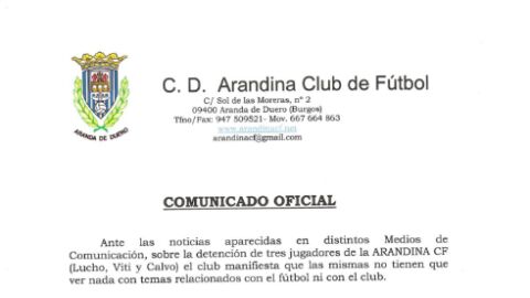 El comunicado del Arandina sobre las detenciones de sus jugadores