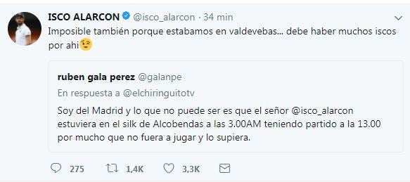 Isco responde en Twitter a un aficonado que le acusó de salir de fiesta antes del Clásico Isco responde en Twitter a un aficonado que le acusó de salir de fiesta antes del Clásico